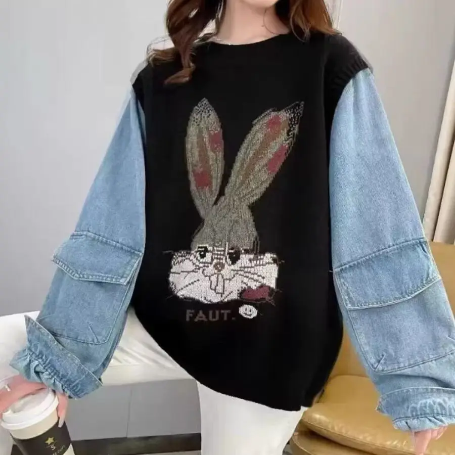 Hsa European Outerwear Designer Sequined Cartoon Rabbit Cute Girl Pullover Sweaters Women Jeans Patchwork Streetwear Pull Femme