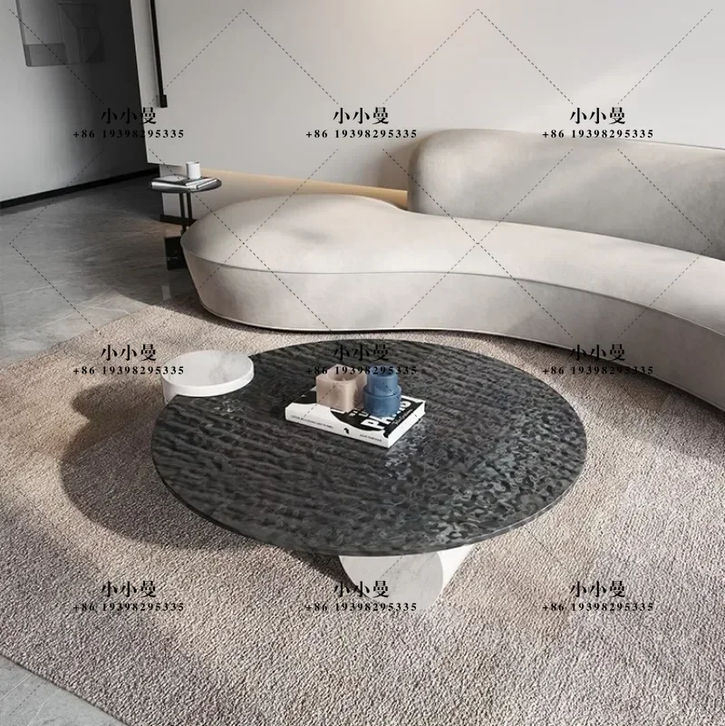 Italian light luxury water corrugated tempered glass round modern simple small apartment living room rock slab tea table