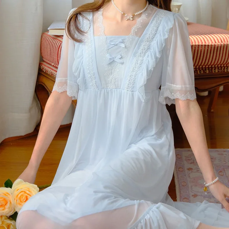 

Sweet Nightgown Romantic Princess Sleepwear Nightwear Fairy Modal Square Collar Nightdress Summer Women Mesh Long Night Dress