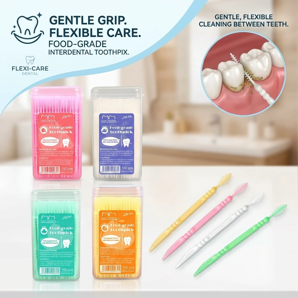 100 Pcs Fruit Flavored Plastic Toothpicks Disposable Mint Double-Headed Interdental Brush for Teeth Cleaning