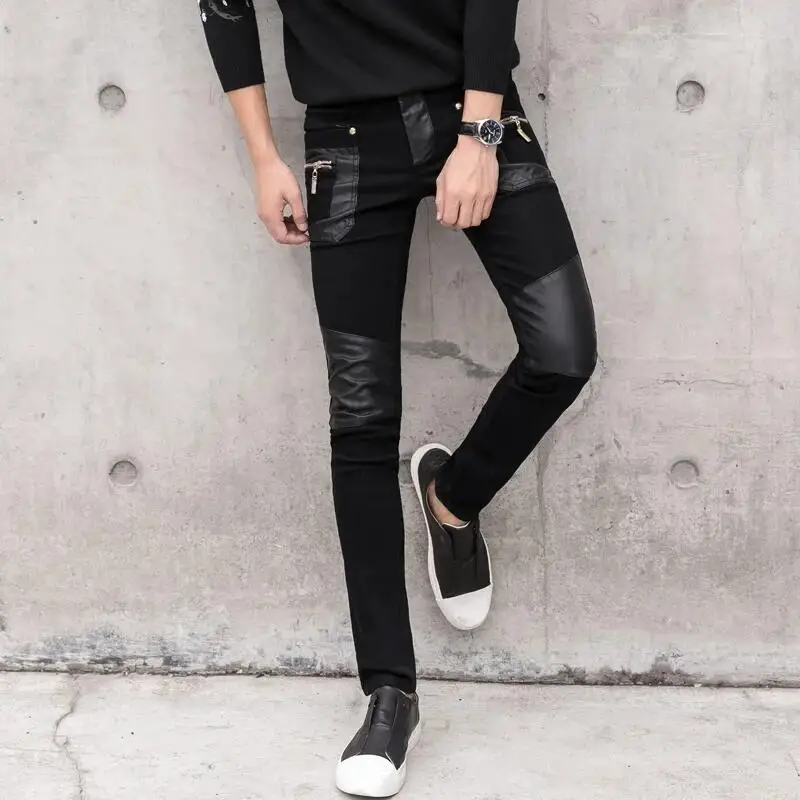 Men Black Faux Leather Pants 2024 Slim Fit Denim Stitching PU Riding Leather Pant High Quality Fashion Men Jeans Streetwear