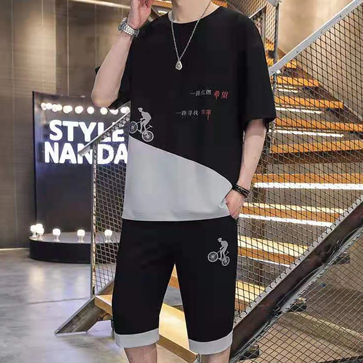 Men's Short Sleeved T-shirt With Two Tone Chinese Style Pattern Printed Five Quarter Pants Summer Youth Student Clothing