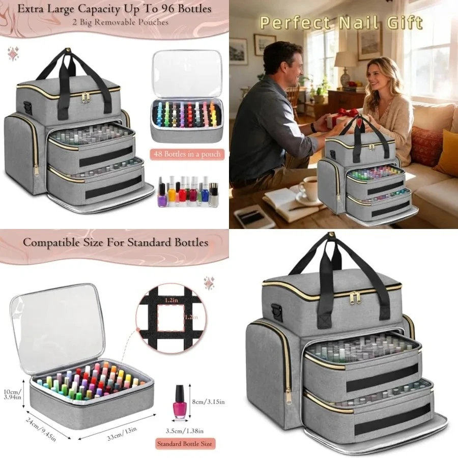 

Nail Polish Organizer Case Holds 96 to 100+ Bottles (15ml/0.5 fl.oz) UV lamp, Extra Large Nail Polish Holder with Support Board for Easy Access, Gel Kit Bag For Manicure Tools, Grey