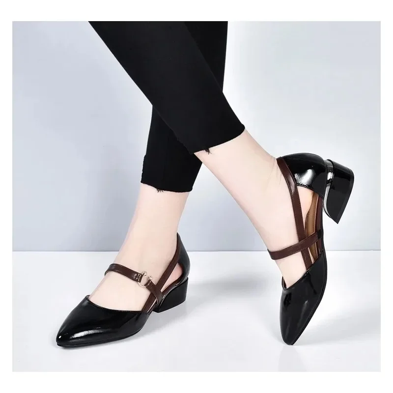 Spring and Summer Four Seasons Single Shoes Thick Heel Soft Sole Solid Color Pointed Breathable Fashion Middle-aged and Elderly