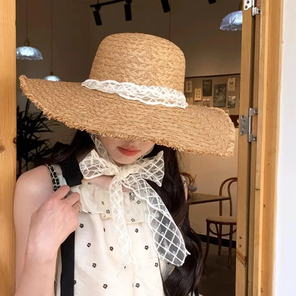 Uv Protection Hat Women’s Summer Beach Hat Breathable Wide Brim Sun Protection Lace Braided Strap Straw Hat for Outdoor Travel