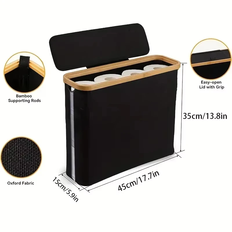 12Rolls Bamboo Toilet Paper Holder With Lid-Self-Contained Bathroom Organizer Basket with Handle for Tissues & Accessories view 4