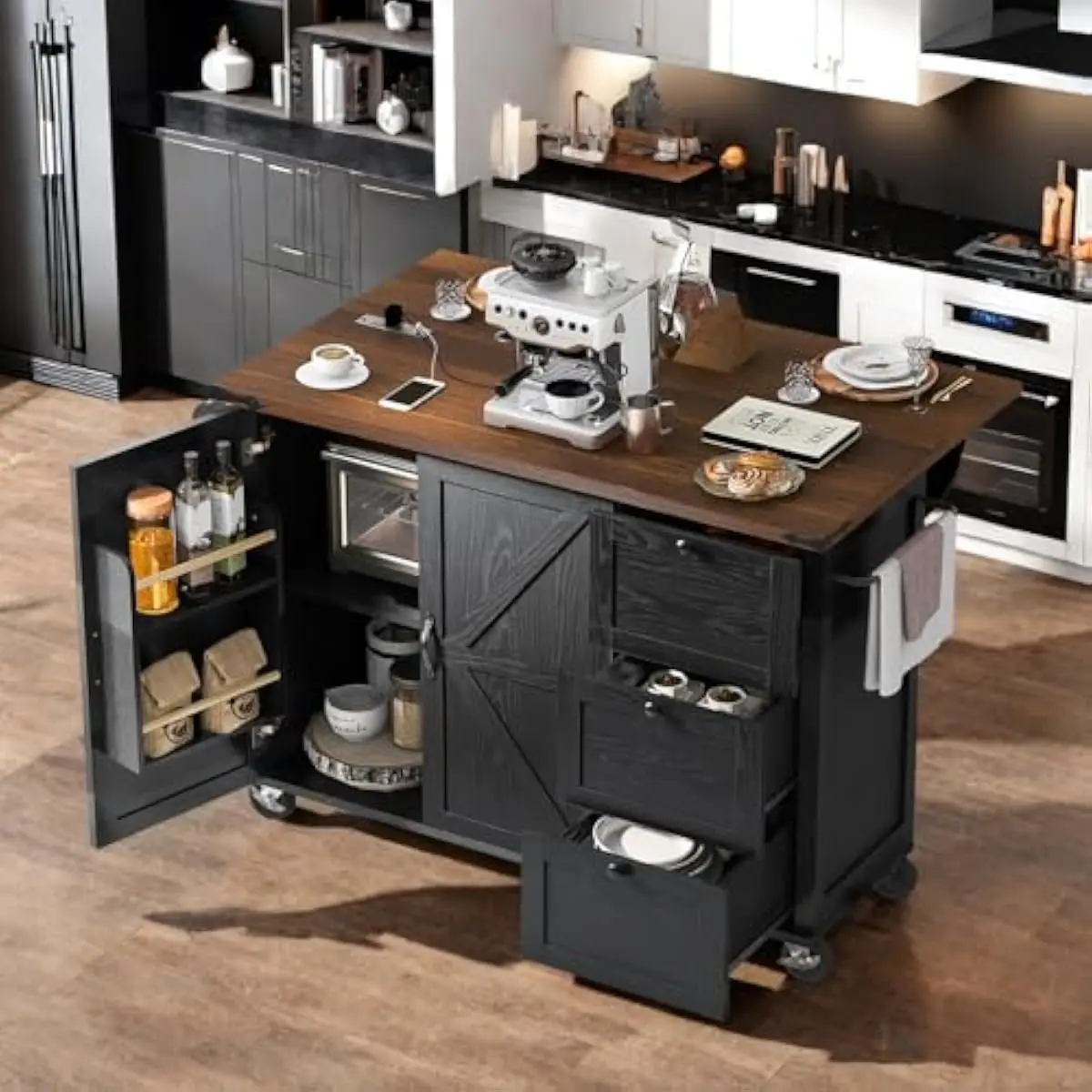 54.5 Inch Mobile Kitchen Island with Foldable Countertop, Built-in Power Sockets, Tiered Storage Shelves, Engineered Wood Constr
