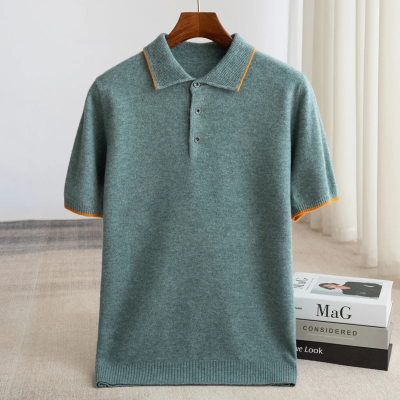 

Light Luxury High-End 100% Pure Wool Short-Sleeve T-Shirt Men's Polo Shirt Business Casual Notch Lapel Blended Cashmere Sweater