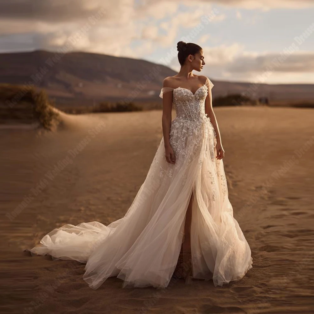 

Off The Shoulder Women Wedding Dresses Sexy A-Line Tulle Bridal Gown Princess Mopping Length Banquet Vestido De Novia Customized