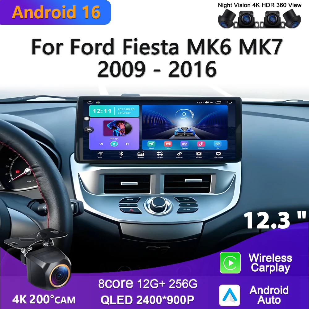 12.3 inch Android 16 Car For Ford Fiesta MK6 MK7 2009 - 2016 Multimedia Player Plug and Play Touch Screen High-performance CPU