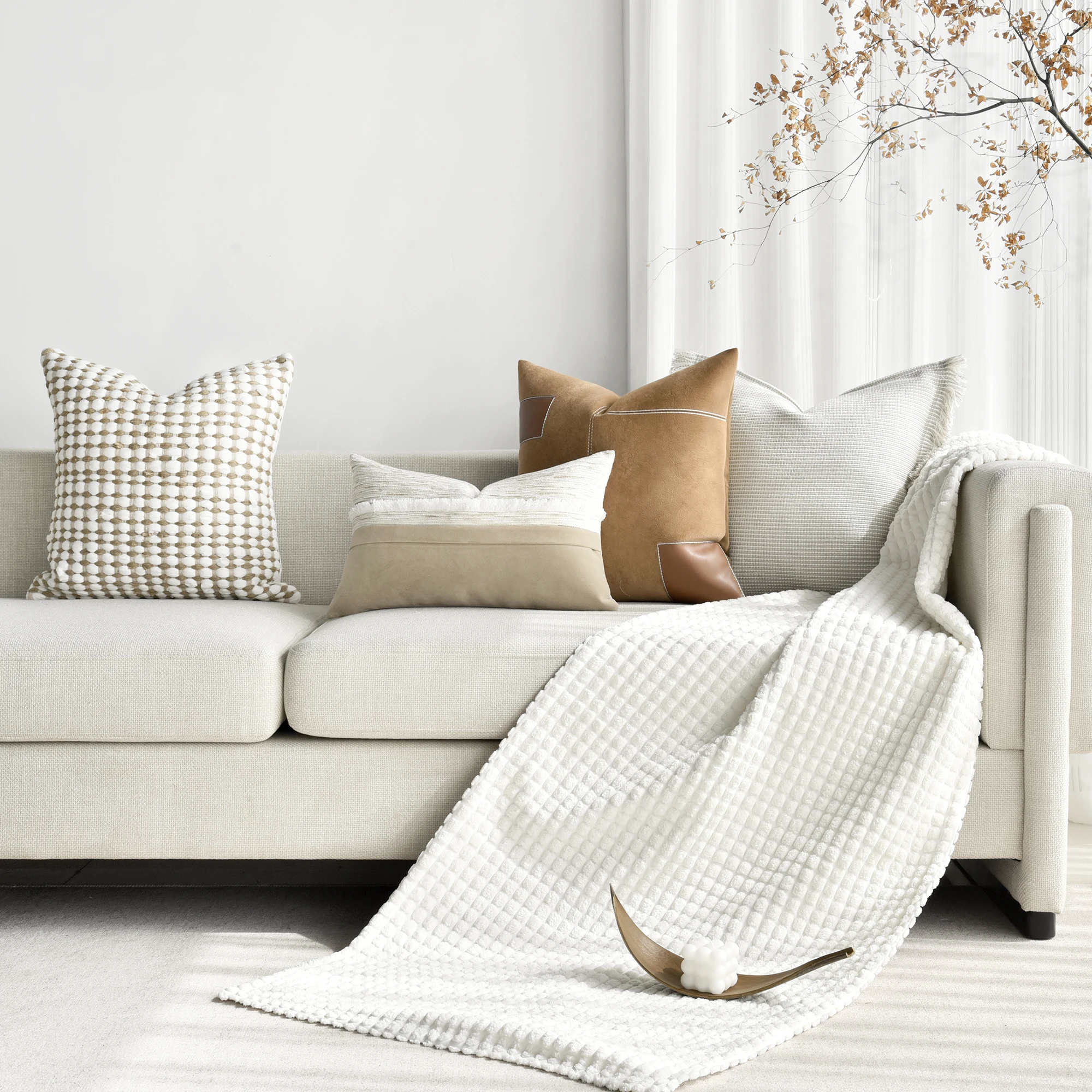 

Velvet Woven Custom Throw Pillow Cover Luxury Chinese & Japanese Wabi-Sabi Style Beige & Orange