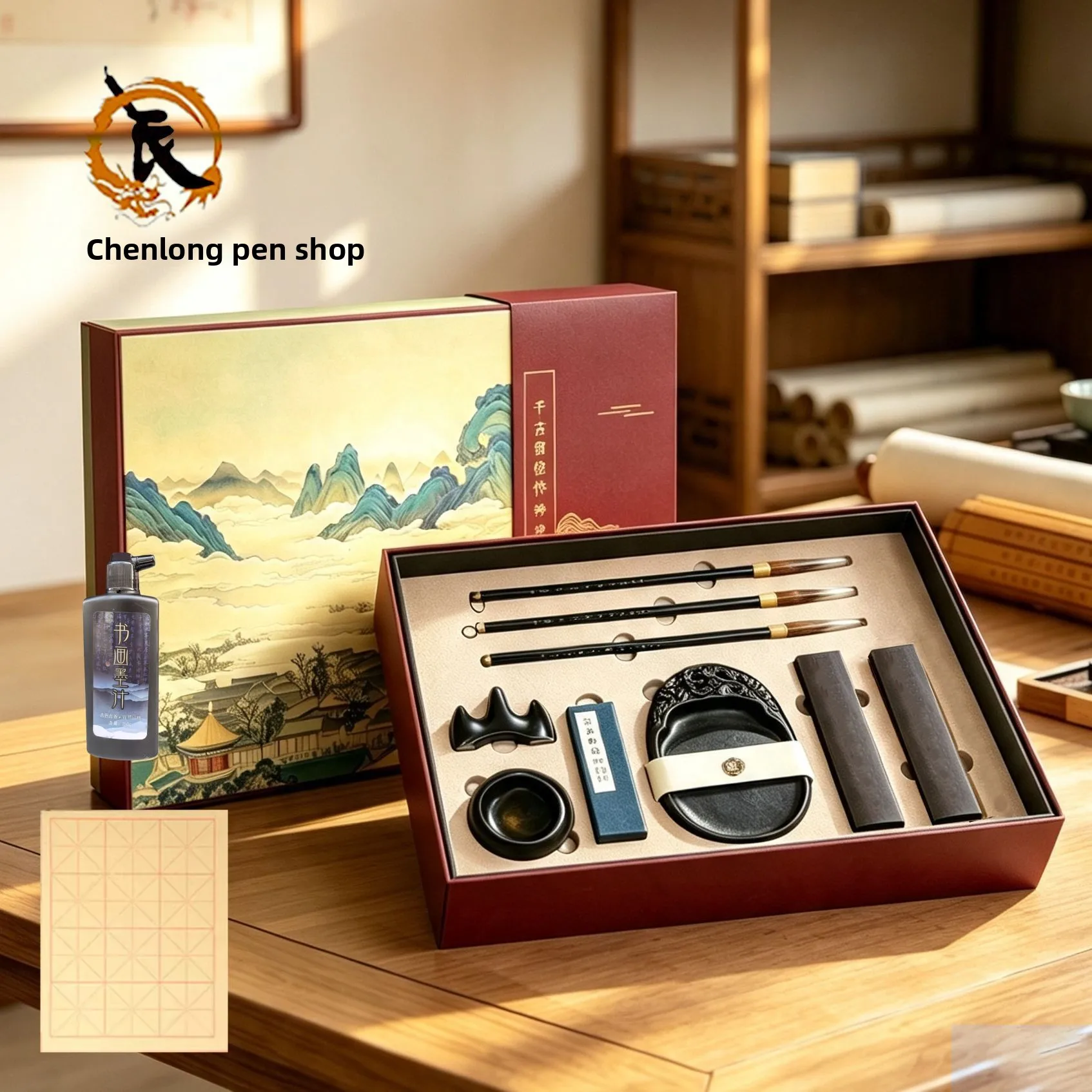 Four Treasures of Study Gift Box Set with Brush Ink Stick Inkstone Paperweight Seal and Brush Rest for Calligraphy Practice