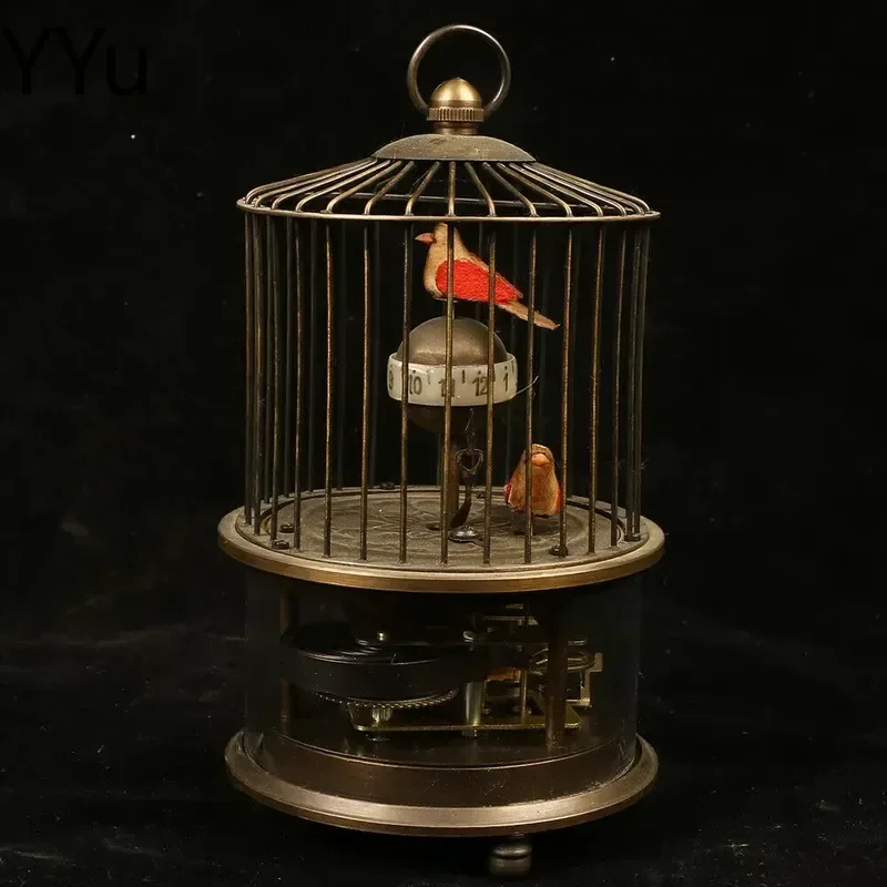for Brass Mechanical Clock Bird Cage Shape Two Birds Circle Moving Home Decor Vintage Table Desk Ornament Gift