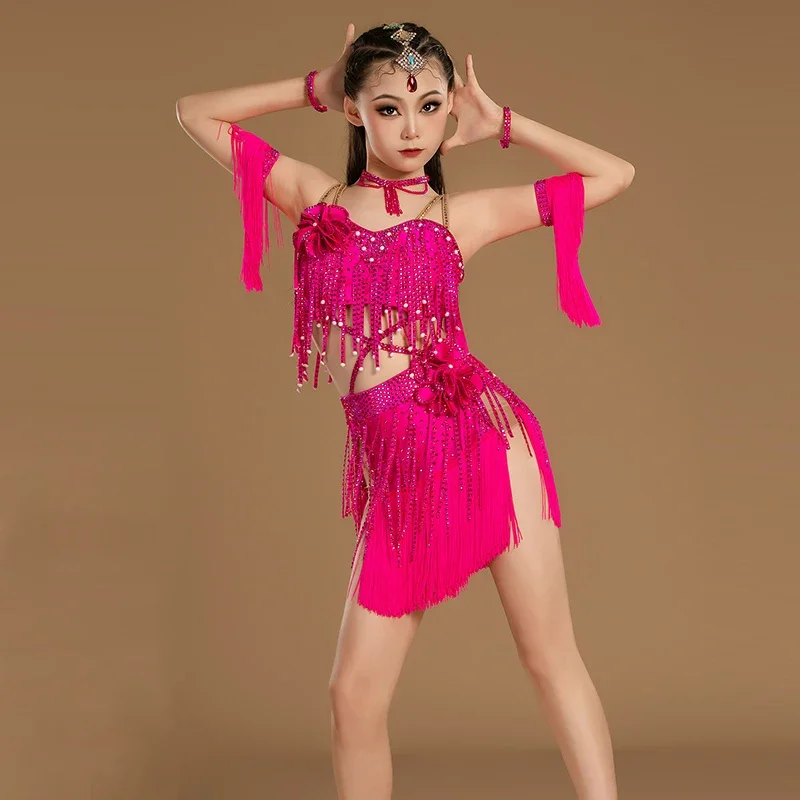 

Высококачественные платья для соревнований по латинским танцам с бриллиантами, платье с бахромой для девочек-чача, детская одежда для бальных танцев 12864