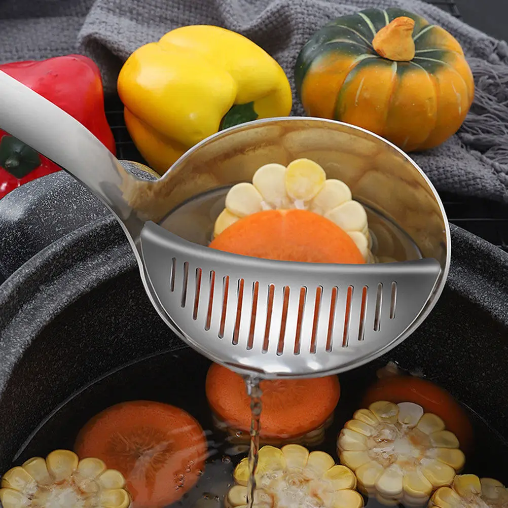 

Stainless Steel Oil Filter Scoop Long Handle Dual-Purpose Soup Ladle Strainer Spoon for Fat Grease Separator Kitchen Gadget