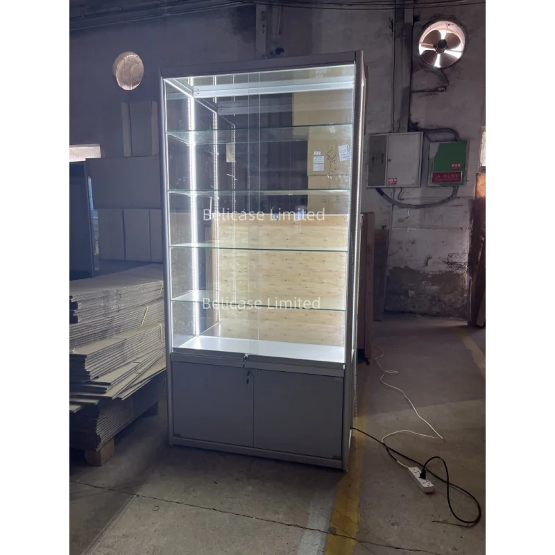 (customized)Fashionable Cheap Price Aluminum Frame Glass Tower Display Cabinet Retail Store Glass Showcase with Lo