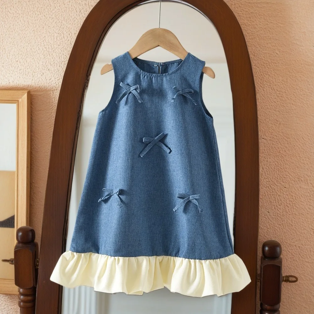 Black Bow Decoration Princess Dresses Korean Version 2026 Summer Sleeveless Girls Dress Fashion Children's Clothing