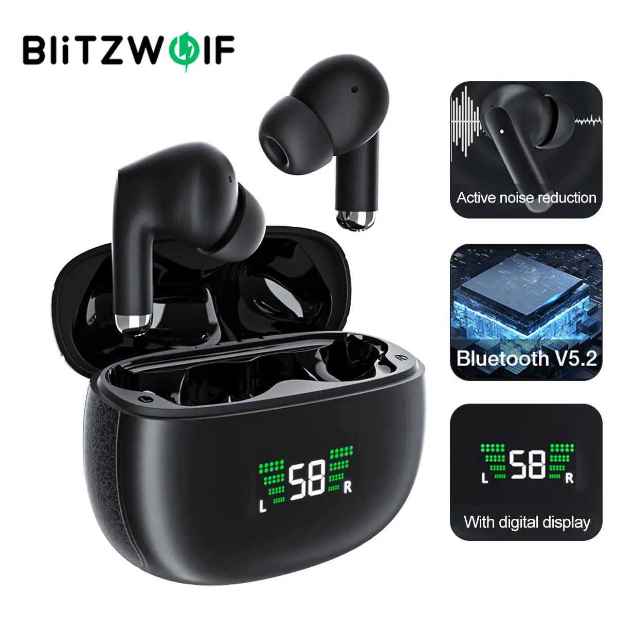 BlitzWolf BW-ANC6 TWS bluetooth V5.2 Earphone Active Noise Reduction LED Power Display Low Latency Dual ENC Mic Wireless Earbuds