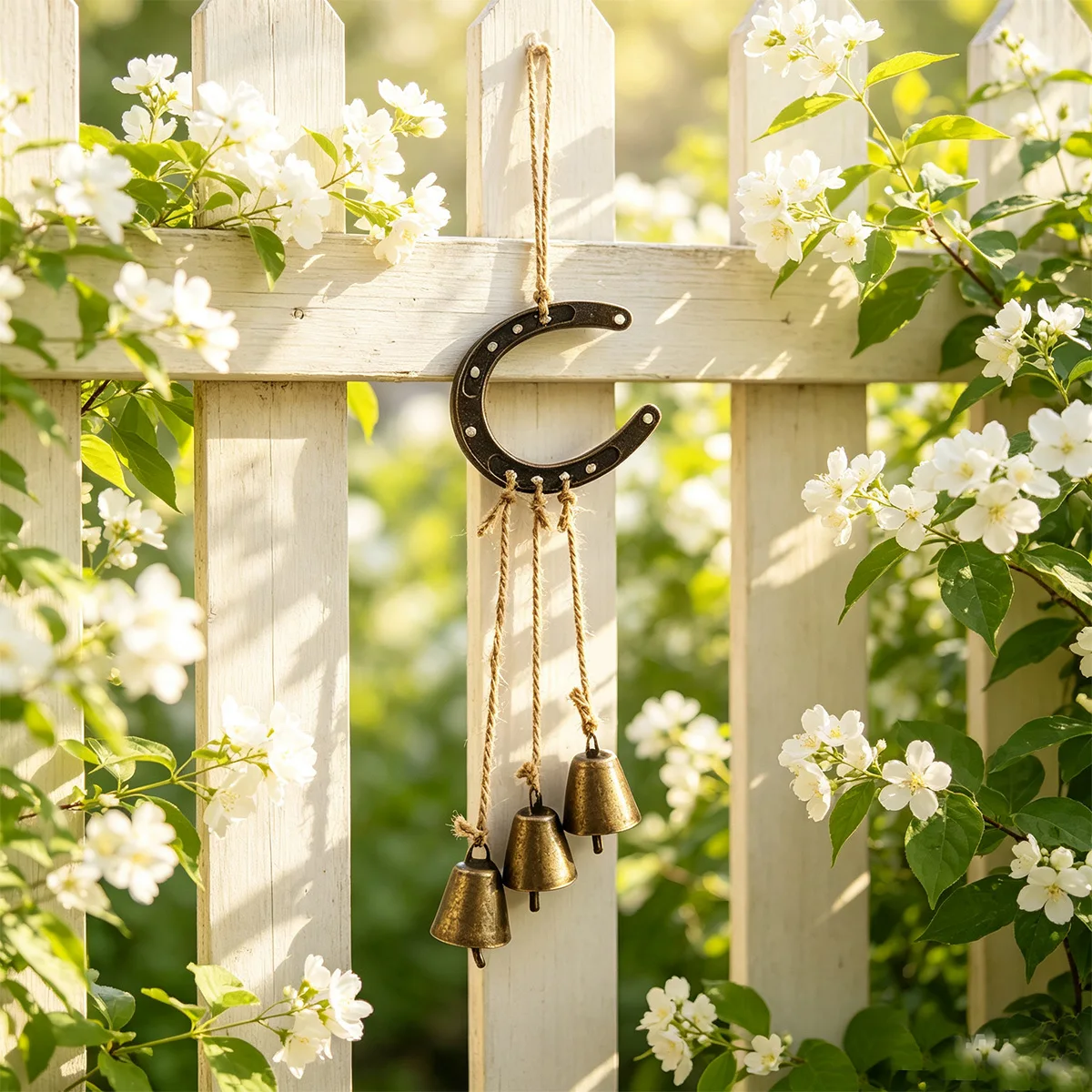 1 Stück Hufeisen-Windspiel, Glocken-Windspiel zur Wandmontage, Glücksbringer-Hufeisen-Ornament, Dekoration zum Aufhängen im Außenbereich/Garten/Zaun/Tür/Fenster, Landhausstil, Wanddekoration für