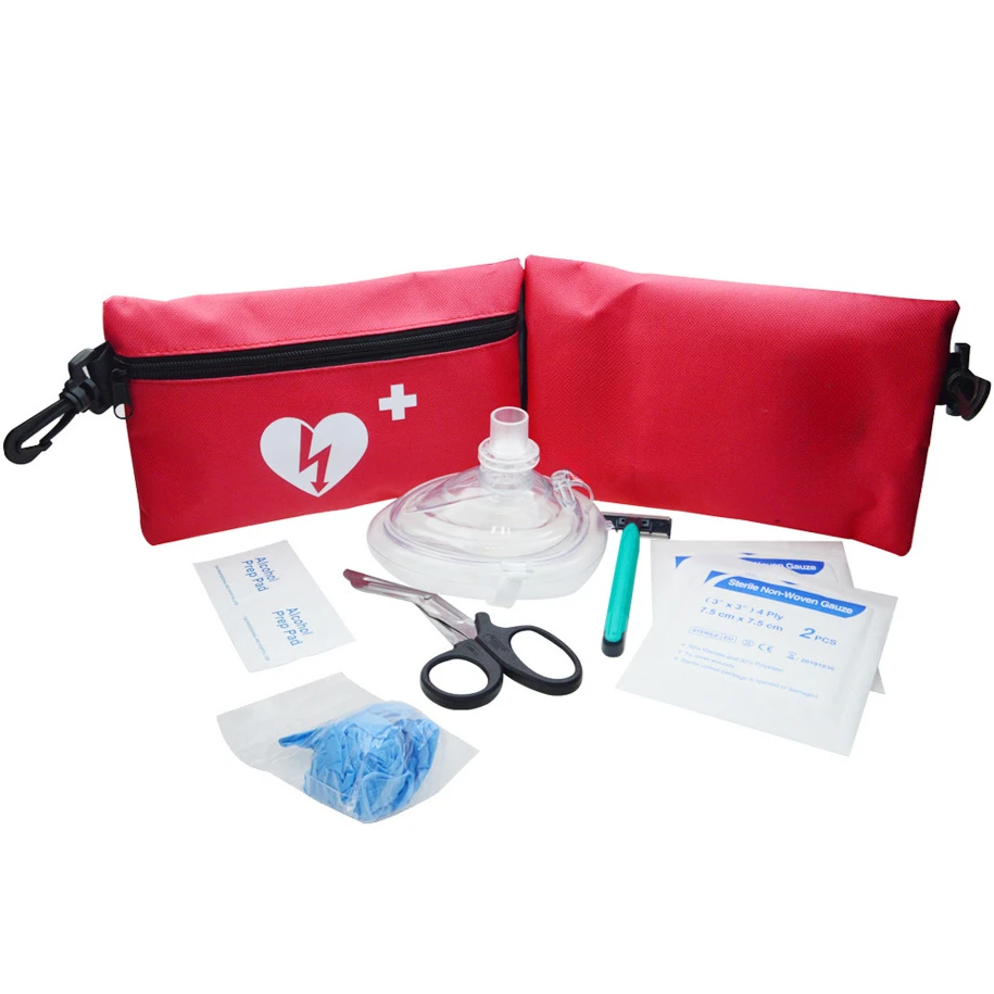 First Aid Adult and Infant CPR Mask Combo Kit AED Response kit with Valves Vinyl Gloves Alcohol Prep Pads