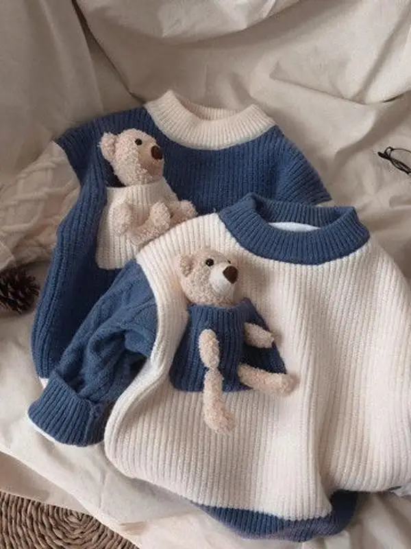 

Spring Autumn Children's Knitted Sweater Baby Korean Version Color Blo round Ne Base irt Early Spring Rabbit Fur Long S...