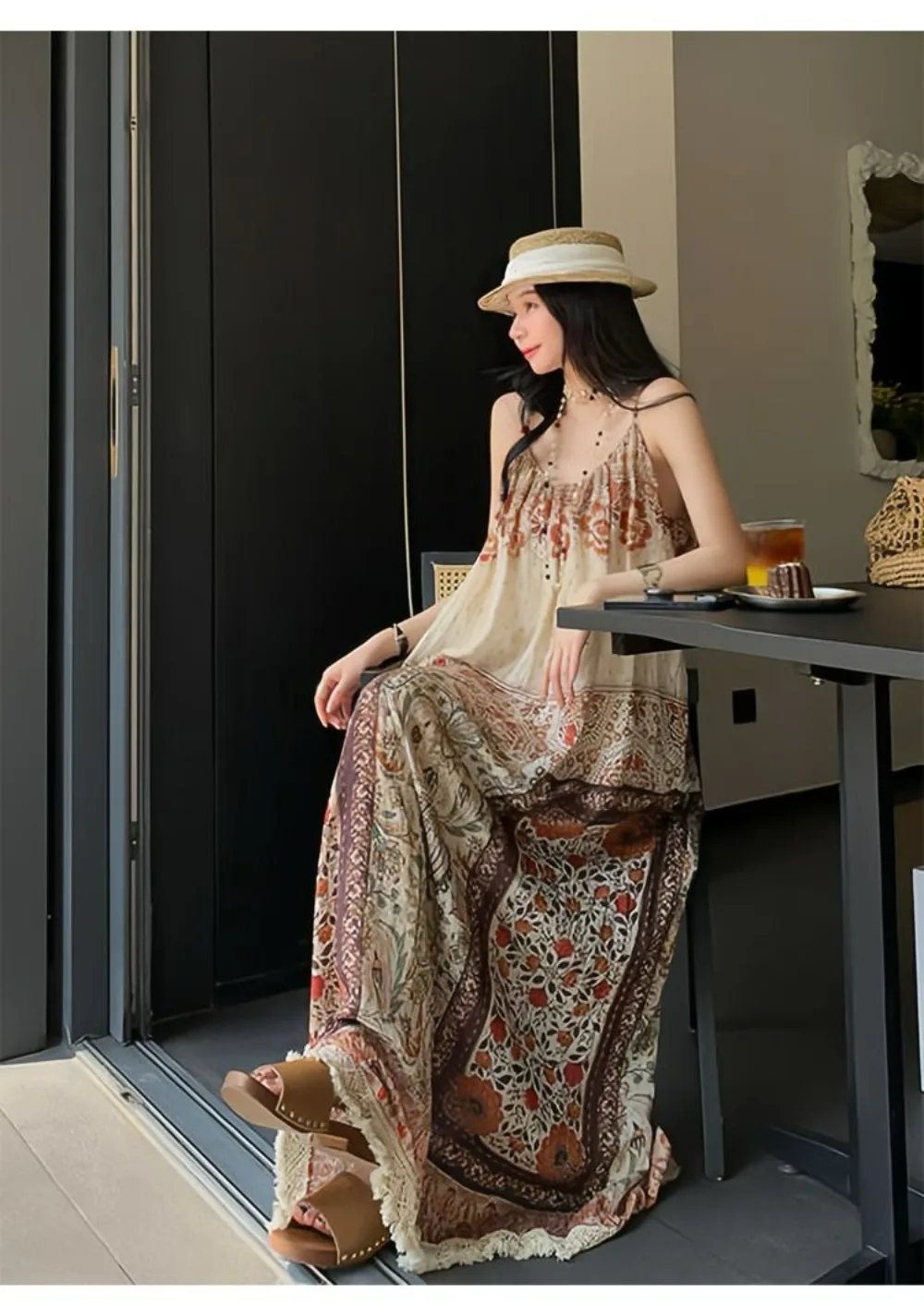 Boêmio férias maxi vestido u pescoço smocked plissado sem mangas vestido vintage impressão praia cobrir elegante Pneuma verão wear