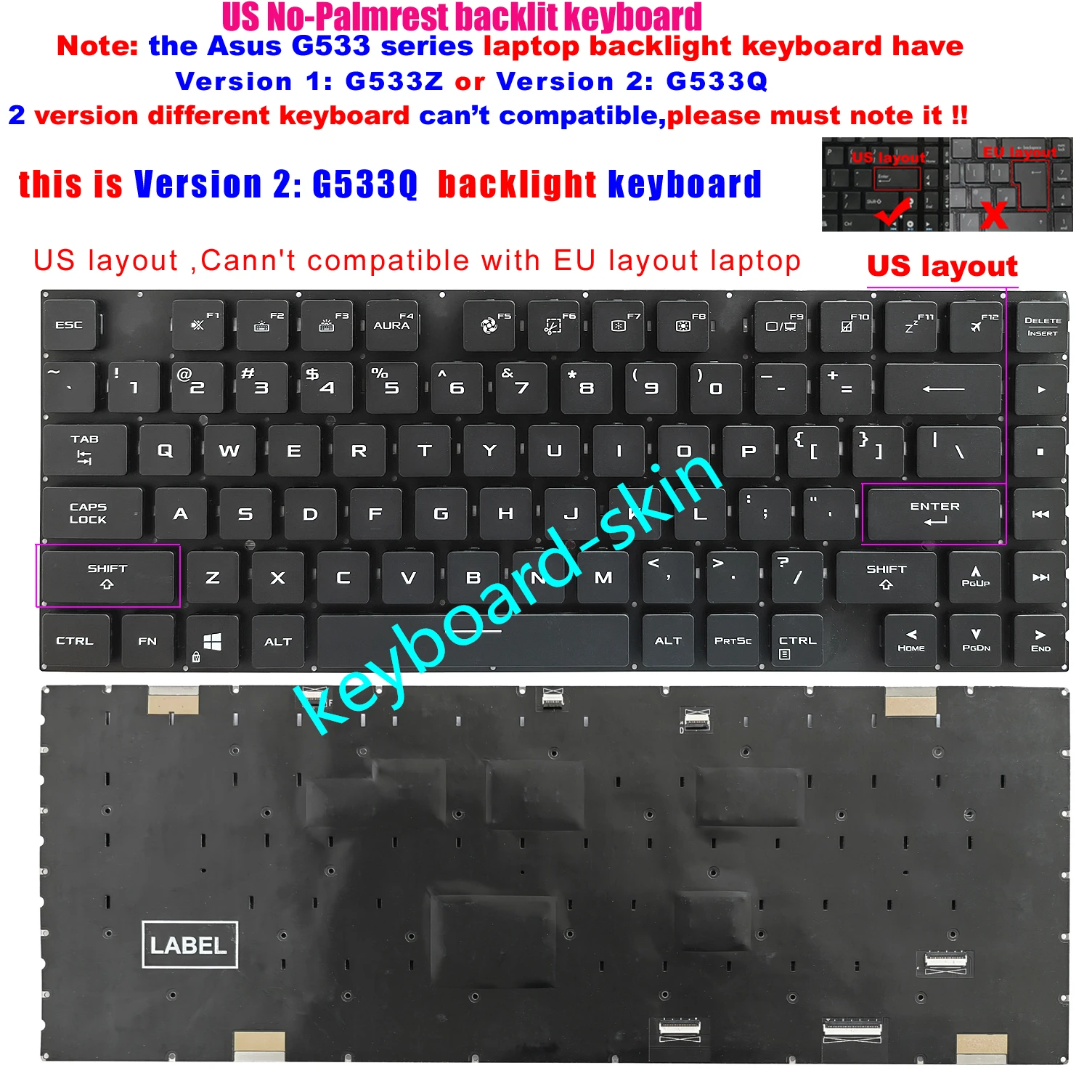 New interface US Backlit No-Palmrest Keyboard For ASUS ROG G15533Q G533QS G533QR laptop