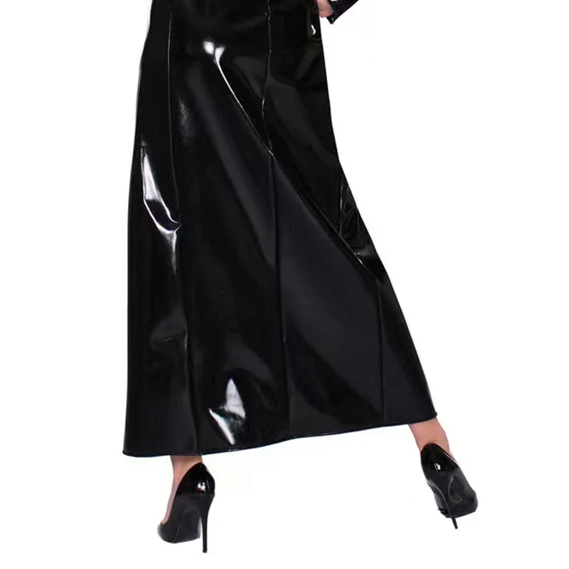 Women Shiny Patent Leather Long Jacket Fashion Faux Latex Laple Trench Coat Outerwear With Belt Single Breasting Overcoat Custom