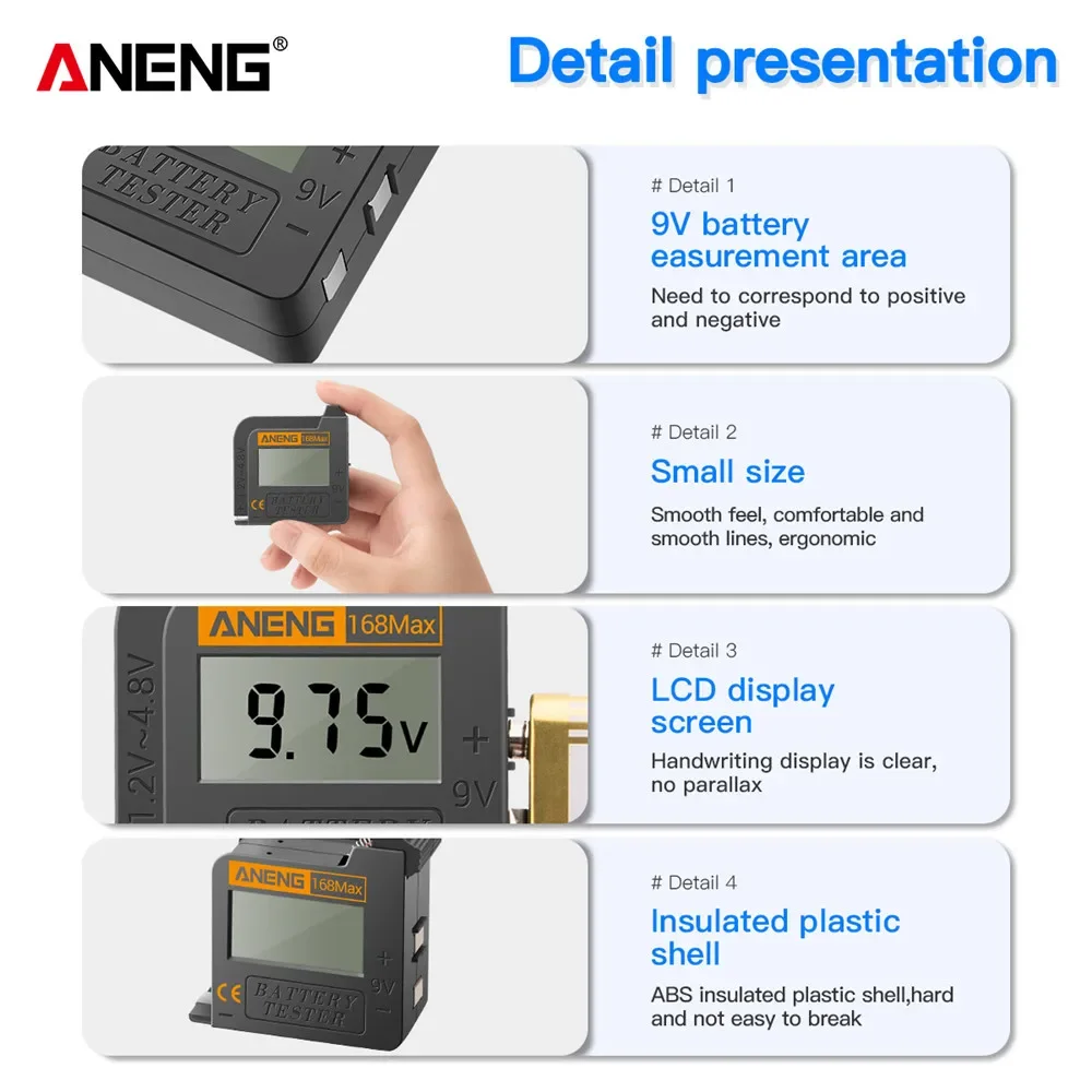 Digital Lithium Battery Testers Capacity ANENG 168Max test Check AAA AA Button Cell ﻿Checkered Battery Level Indicator Voltage