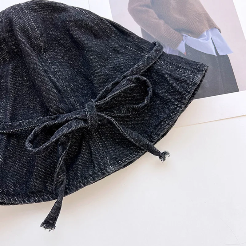 New Bow Strap Denim Bucket Hats for Women Cotton Fisherman Cap Korea Lace-Up Casual Versatile Retro Basin Hat Sun Protection Hat