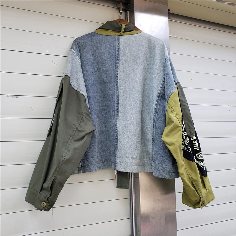 Army Green Print Jeans Splice Jacket Women Outerwear Streetwear Autumn Loose Short Big Pocket Long Sleeve Denim Jacket Female