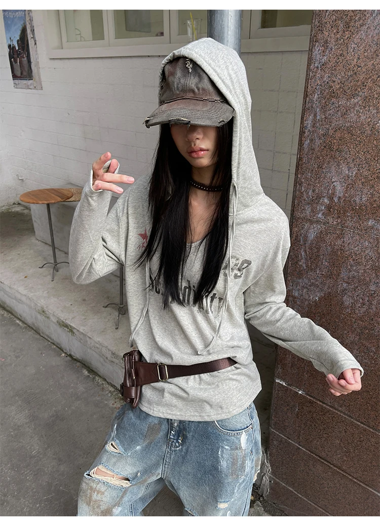 Genayooa Vintage Grafik Tops Damen Langarm Y2k Japanisches T-Shirt mit Kapuze Streetwear American Retro Grunge Tops E-Girls – Detail 6