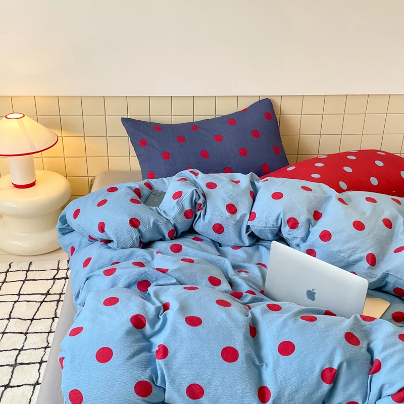 Red Blue Polka Dot Bedding Set Retro Aesthetic Soft Washed Cotton Duvet Cover Pillowcases Queen/King Size for Cozy Bedroom Dorm