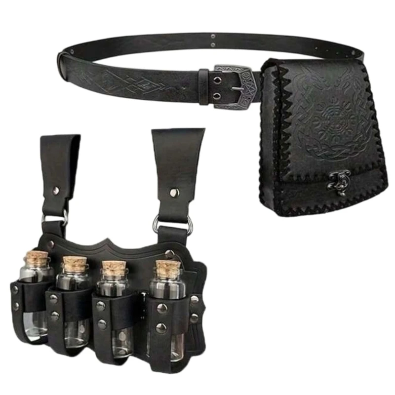 HX6F Festival Costume Belt Bag Set, Adult Embossed Accessory With Metal Hardware for Cosplay and Photo Styling Wear