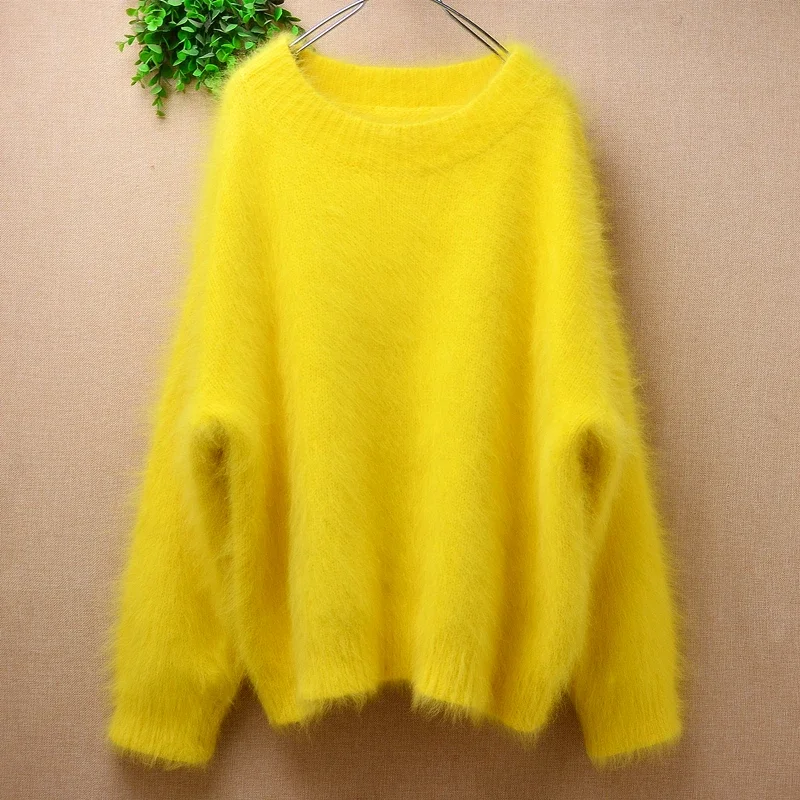 

Female Women Spring Winter Thick Warm Hairy Plush Mink Cashmere Knitted O-Neck Long Sleeves Loose Pullover Angora Fur Sweater