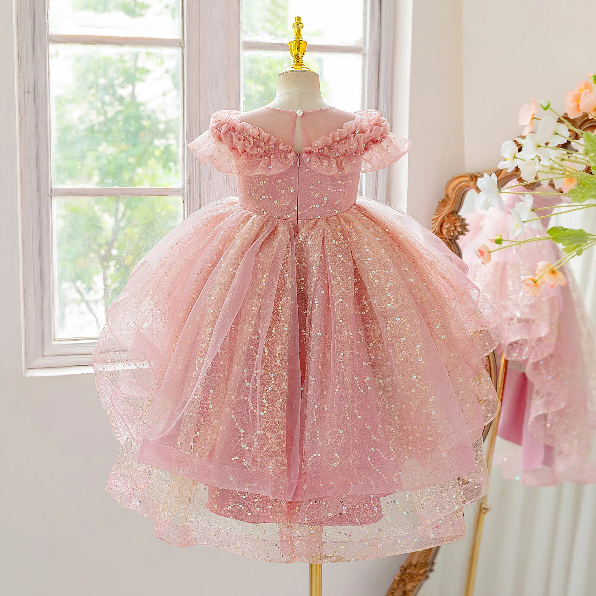 Sequin White Bridesmaids Party Girls Dress Elegant Trailing Wedding Birthday Princess Dresses Girl First Communion Prom Vestidos
