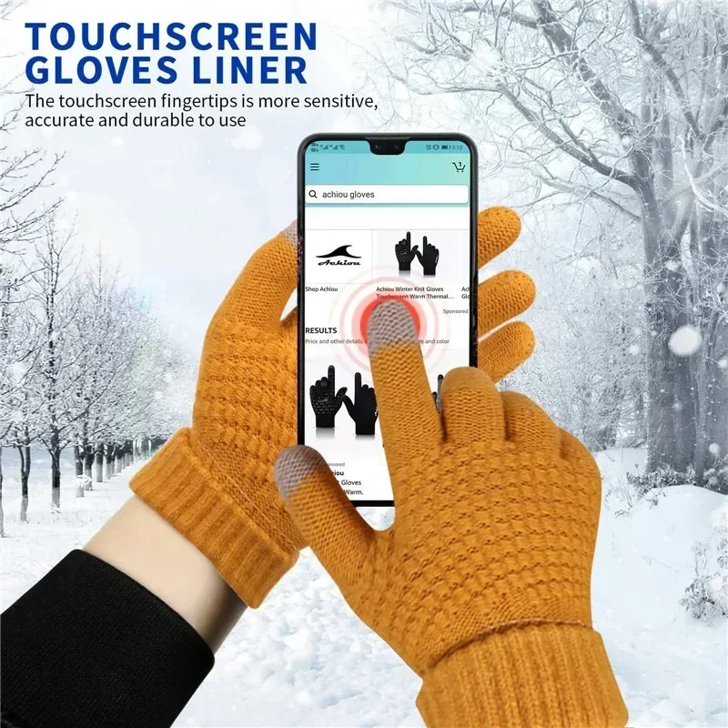 Guantes cálidos de invierno para pantalla táctil para hombre y mujer, manoplas de punto clásicas elásticas, guantes de lana con dedos completos para conducir y ciclismo al aire libre