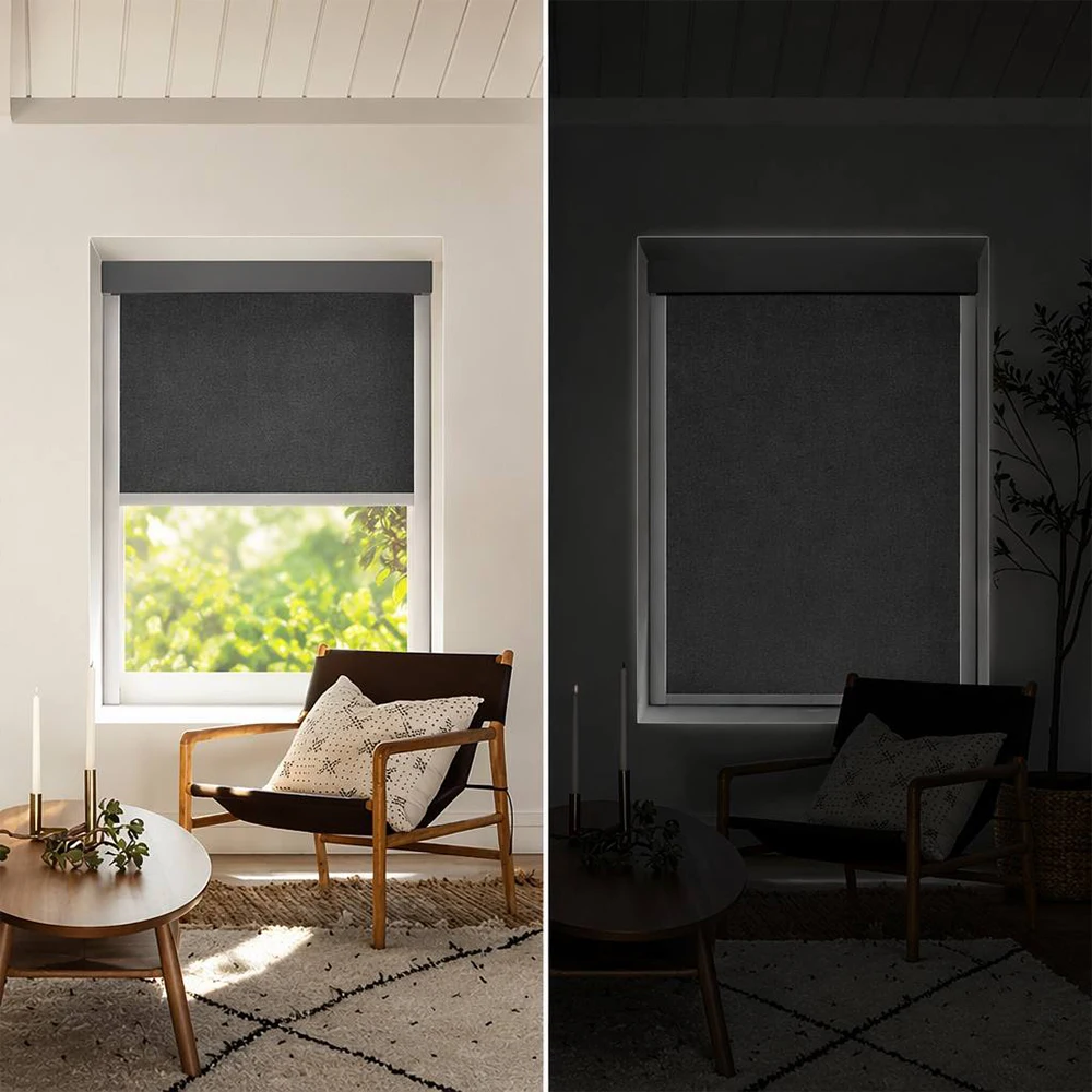 Cordless Blackout Roller Blinds with Side Channels Custom Size, Woven SK Fabric Zero Light Gap Child Safe Window Shades for Aust