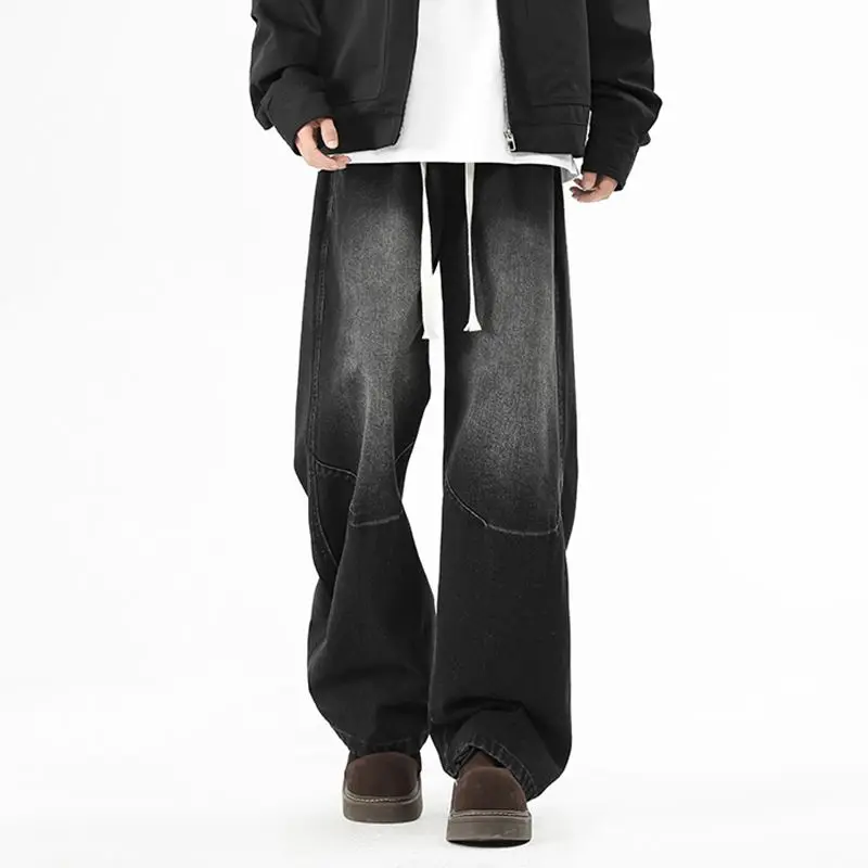 الرجال الربيع والصيف فضفاضة وعصرية النمط الأمريكي الجينز مستقيم أنبوب الرجعية واسعة الساق ثنى السراويل الطويلة غير رسمية #3