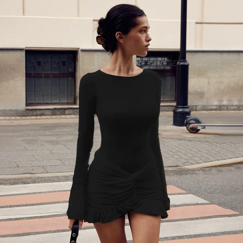 Vestido ajustado para mujer, novedad de 2025, Vestido corto con nudo torcido, traje ajustado de manga larga con cuello redondo y fruncido para otoño