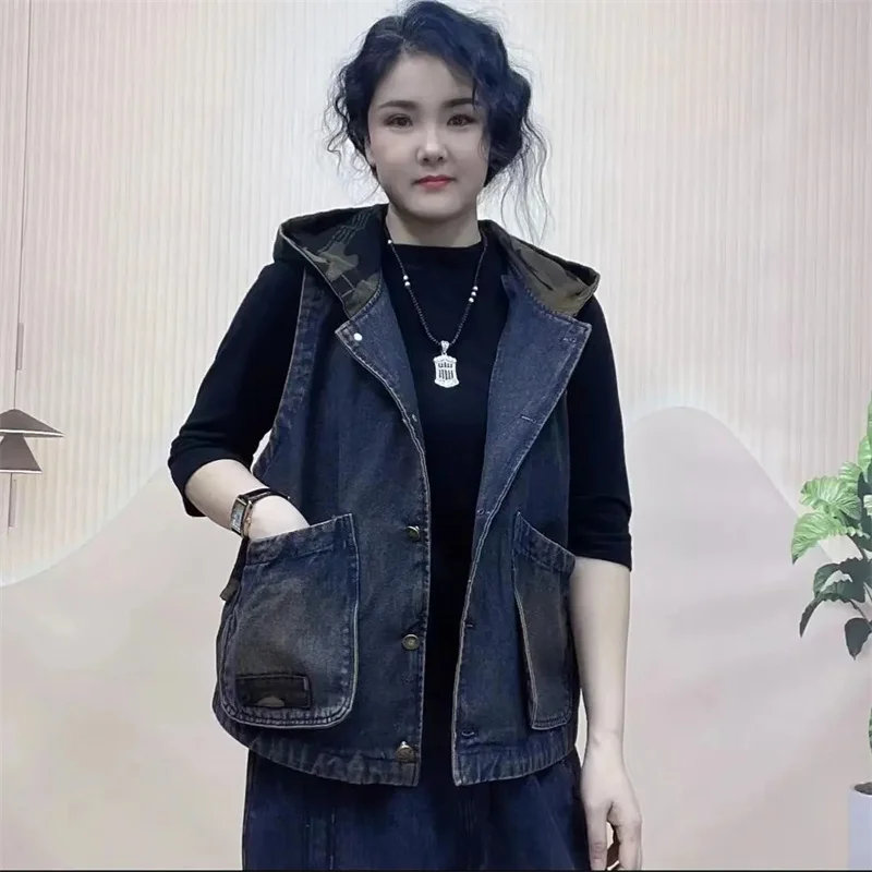 

2024 Spring Autumn New Women Denim Vest Korean Version Casual Lady Hooded Sleeveless Temperament Cowgirl Waistcoat Tops Female