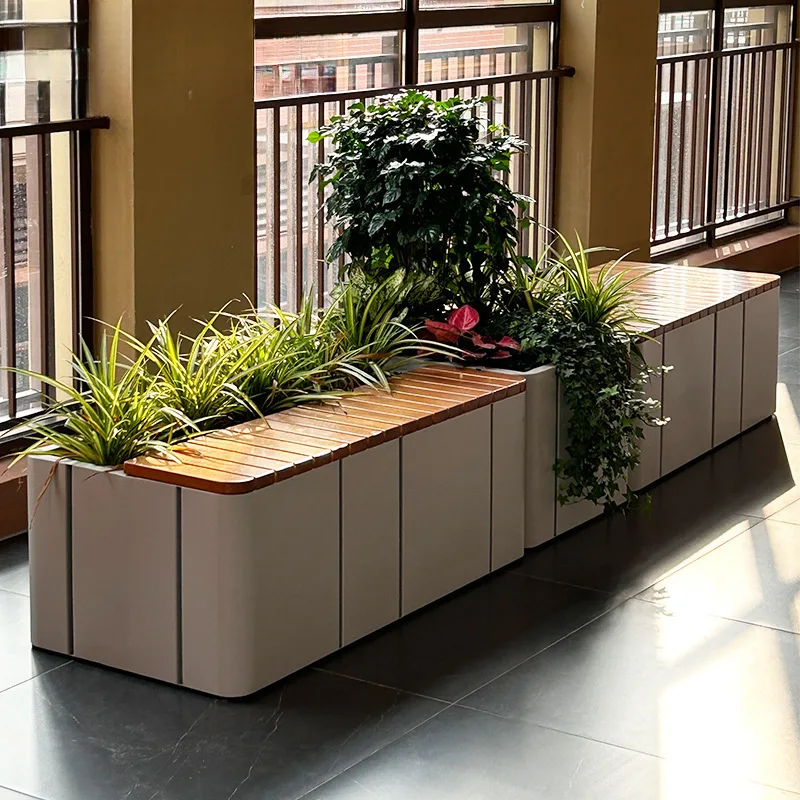 Outdoor finished flower box seat square business scene view, leisure stool, stainless steel flower box, solid wood chair