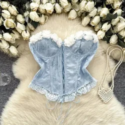 Vintage Lace Spliced Elegant Three-dimensional Floral Chic Bandage Strapless Tank Top Hotsweet Women Korean High Street Clothing