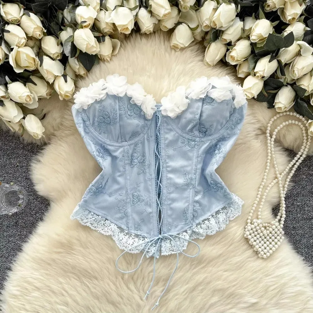 Vintage Lace Spliced Elegant Three-dimensional Floral Chic Bandage Strapless Tank Top Hotsweet Women Korean High Street Clothing