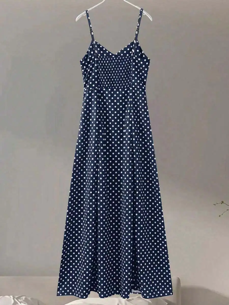 

Womens Polka Dot V-Neck Backless Sleeveless Maxi Dress Blue Summer Casual Beach Party