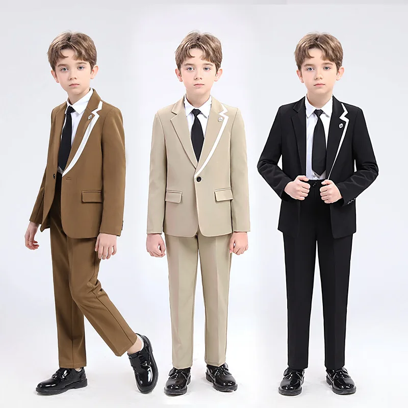 

Children Spring Khaki Jacket Pants Tie Photograph Suit School Boys Formal Ceremony Tuxedo Dress Kids Wedding Performance Costume