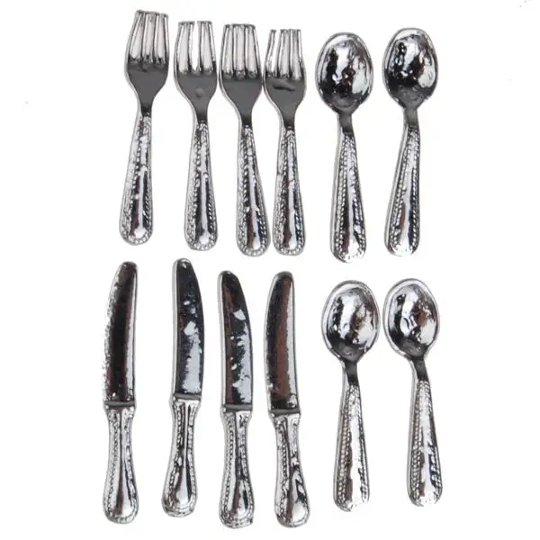 12pcs Dollhouse Miniatures Silverware Tableware Fork 4 Place Settings