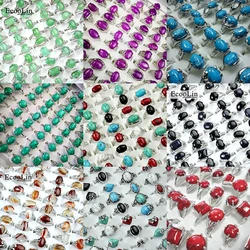 10Pcs/Lot Factory Wholesale Alloy Finger Rings For Women Jewelry Multicolored Natural Stone Amethyst Crystal Turquoise Malachite