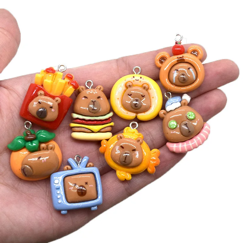 10Pcs Glossy Lazy Capybara Resin Charms Kawaii Cartoon Cake Hamburg French Fries Animal Pendant for DIY Jewelry Making