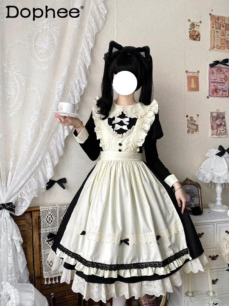 

Japanese Original Lolita Goth Nun Style Maid Dress Elegant Sweet Cool Long Sleeve Doll Collar Apron Dress for Women